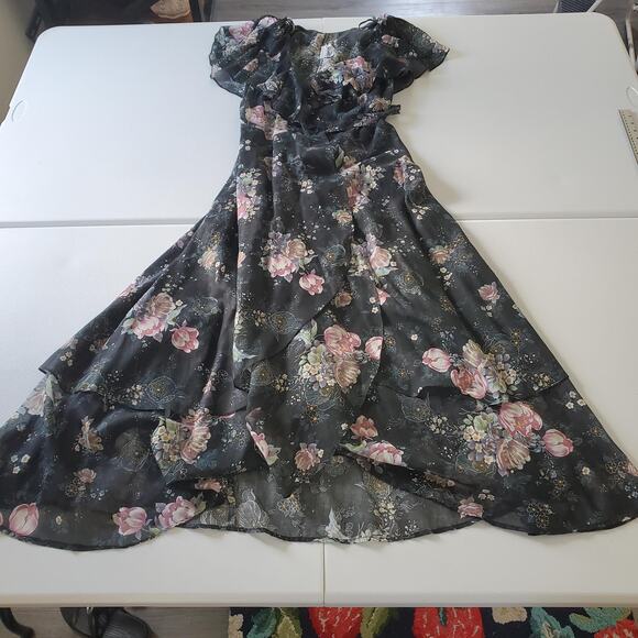 Whimsigoth Fairy Grunge Vintage Dress Wmn 8 Floral Ruffle Wrap Sheer Layered 70s - Picture 1 of 12